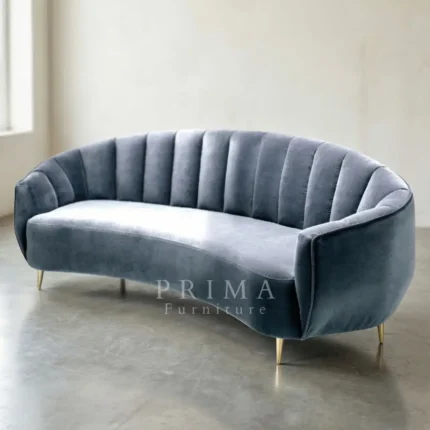 Hannah Blue Scalloped Velvet Sofa Art Deco