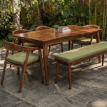 Long Wooden Dining Bench With Green Cushion