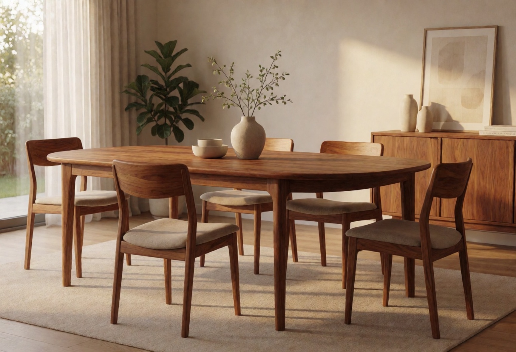 Teak-Dining-Table-and-Chairs-Arrangement-in-Bright-Dining-Room Furniture Measurements That Help Buyers Avoid Costly Order Errors