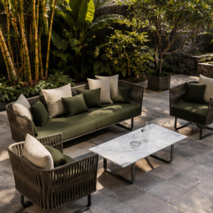 Corded Armchair With Olive Cushions And Woven Backrest