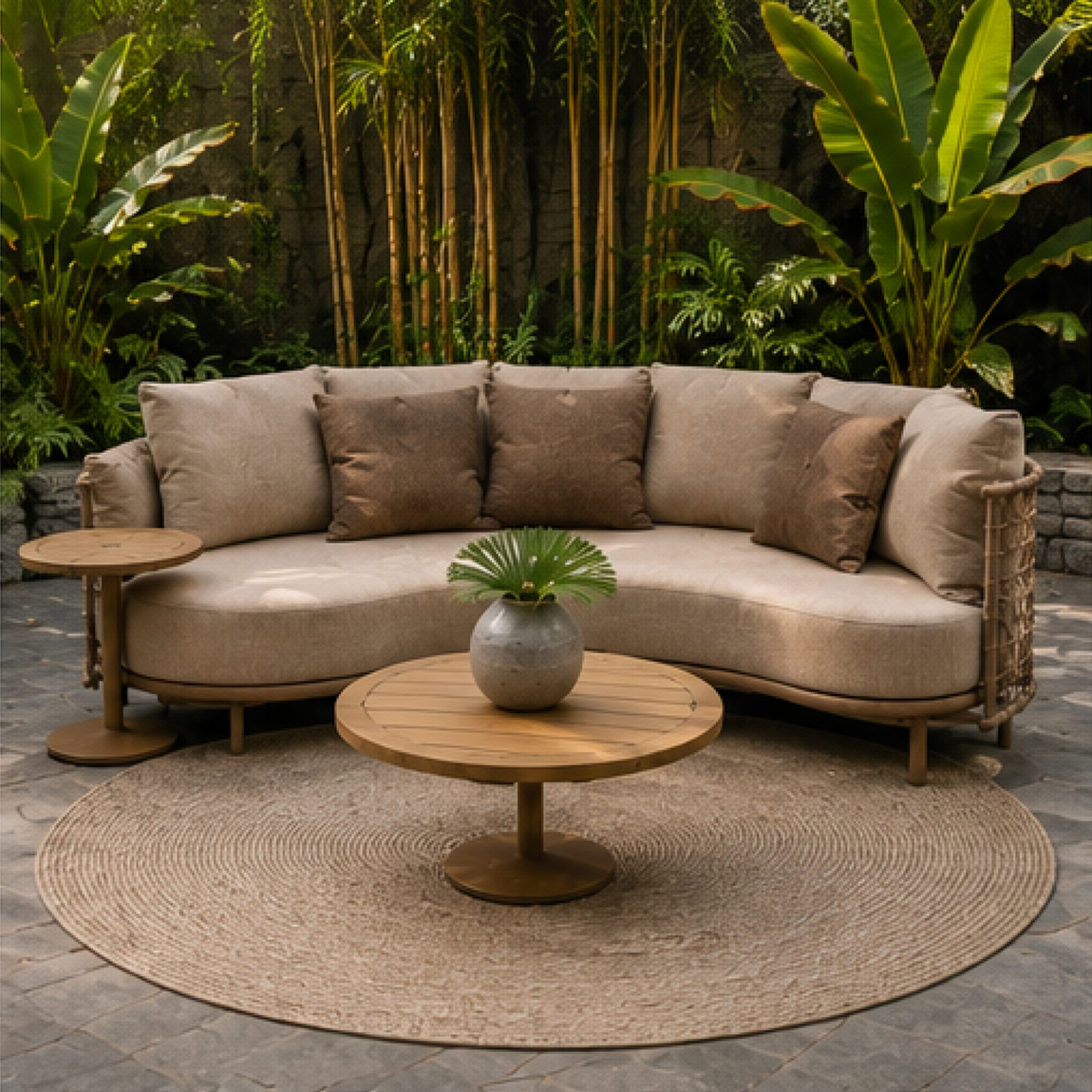 Curved Outdoor Sectional Sofa With Sand Tone Cushions Curved Outdoor Sectional Sofa With Sand Tone Cushions