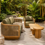 Curved Timber Outdoor Sofa With Solid Wood Nesting Coffee Tables