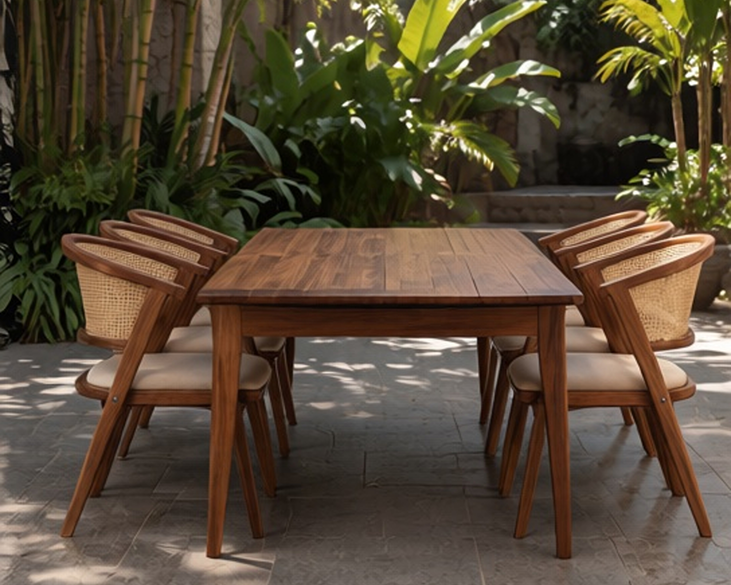Modern Outdoor Furniture Arrangement With Natural Wood Finish Modern Outdoor Furniture Arrangement With Natural Wood Finish
