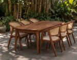 Outdoor Dining Armchair With Curved Wooden Backrest And Cane Panel
