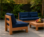 Solid Teak Outdoor Sofa Set With Navy Cushions