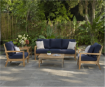 Solid Wood Outdoor Sofa Set With Navy Cushions