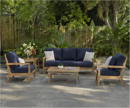 Solid Wood Outdoor Sofa Set With Navy Cushions