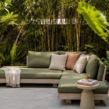 Wooden Outdoor Corner Sectional Sofa With Olive Green Cushions