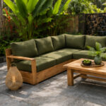 Wooden Patio Corner Lounge Sofa Olive Green Cushions