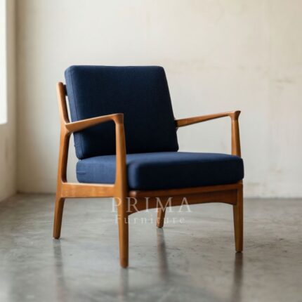 Wooden lounge chair with blue upholstered seat